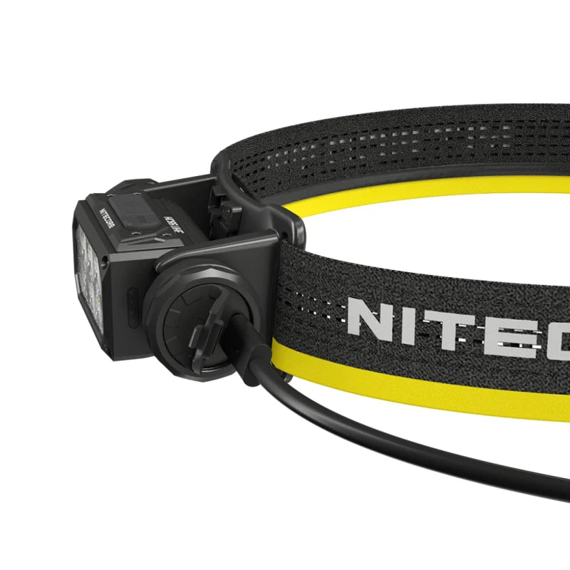 LED Headlamp with black and yellow elastic band and 8 LED bulbs and usb-c charging cable