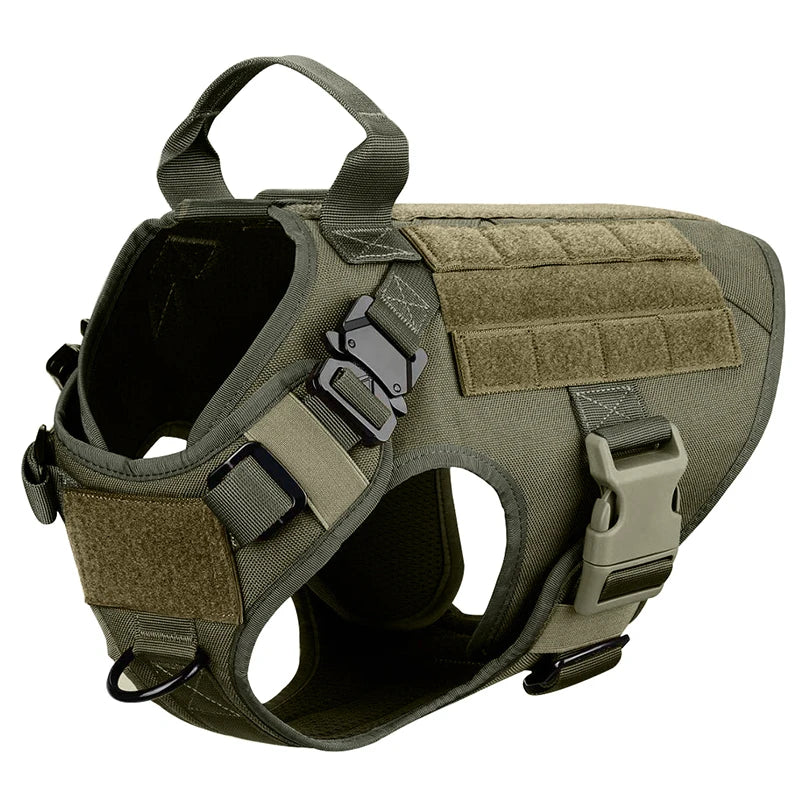 green tactical dog harness with buckles velcro patches and molle