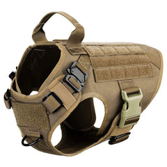 Brown tactical dog harness with buckles velcro patches and molle