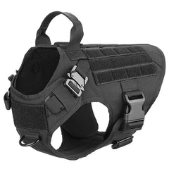 Black tactical dog harness with buckles velcro patches and molle