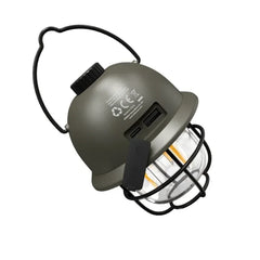 Green wwII helmet edison bulb lantern with metal cage and USB ports