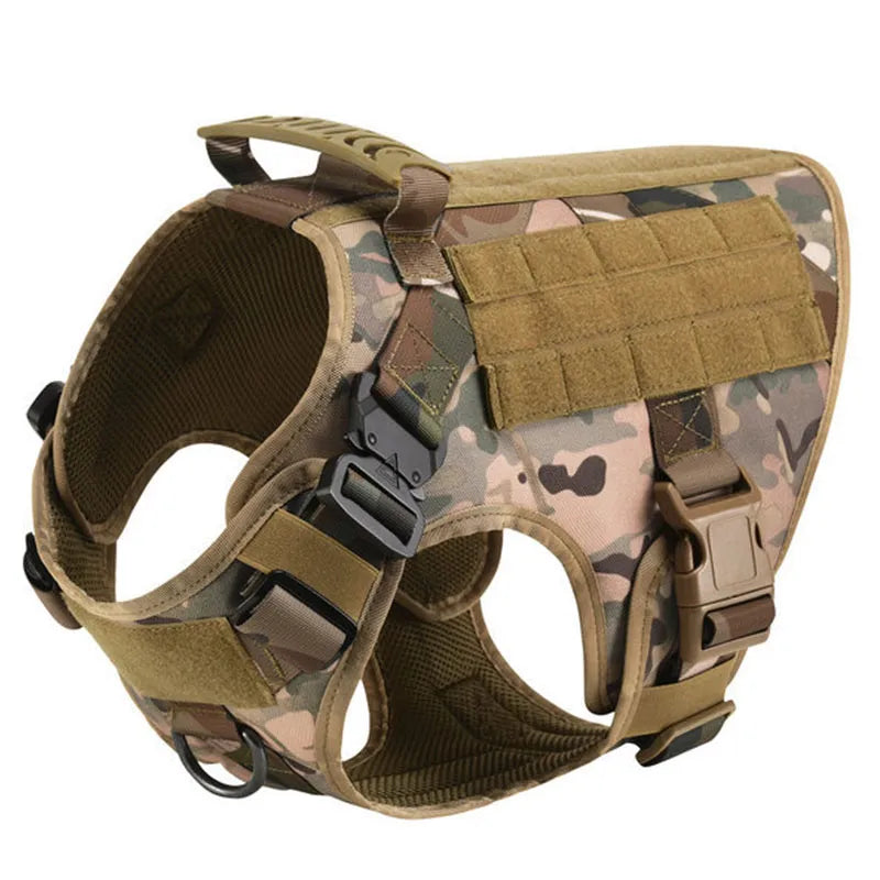 Camouflage tactical dog harness with buckles velcro patches and molle