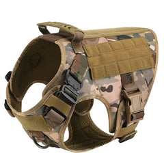 Camouflage tactical dog harness with buckles velcro patches and molle