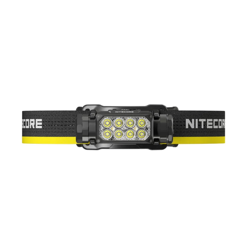 LED Headlamp with black and yellow elastic band and 8 LED bulbs