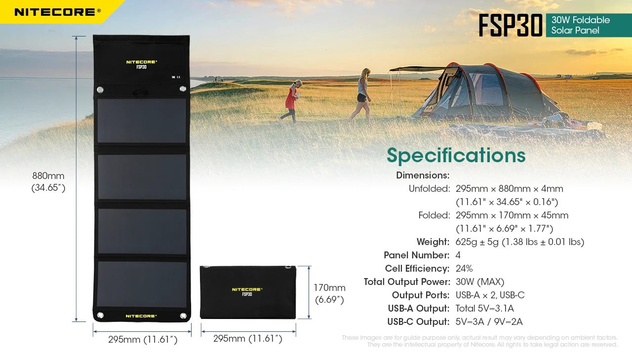 specifications for the nitecore fsp30 30w foldable solar panel 