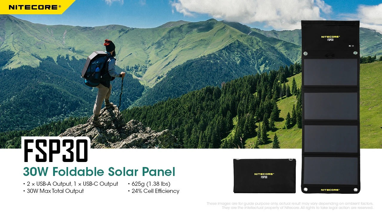 bearded man hiking in the mountains wearing a backpack and solar panel looking across a valley covered in pine trees