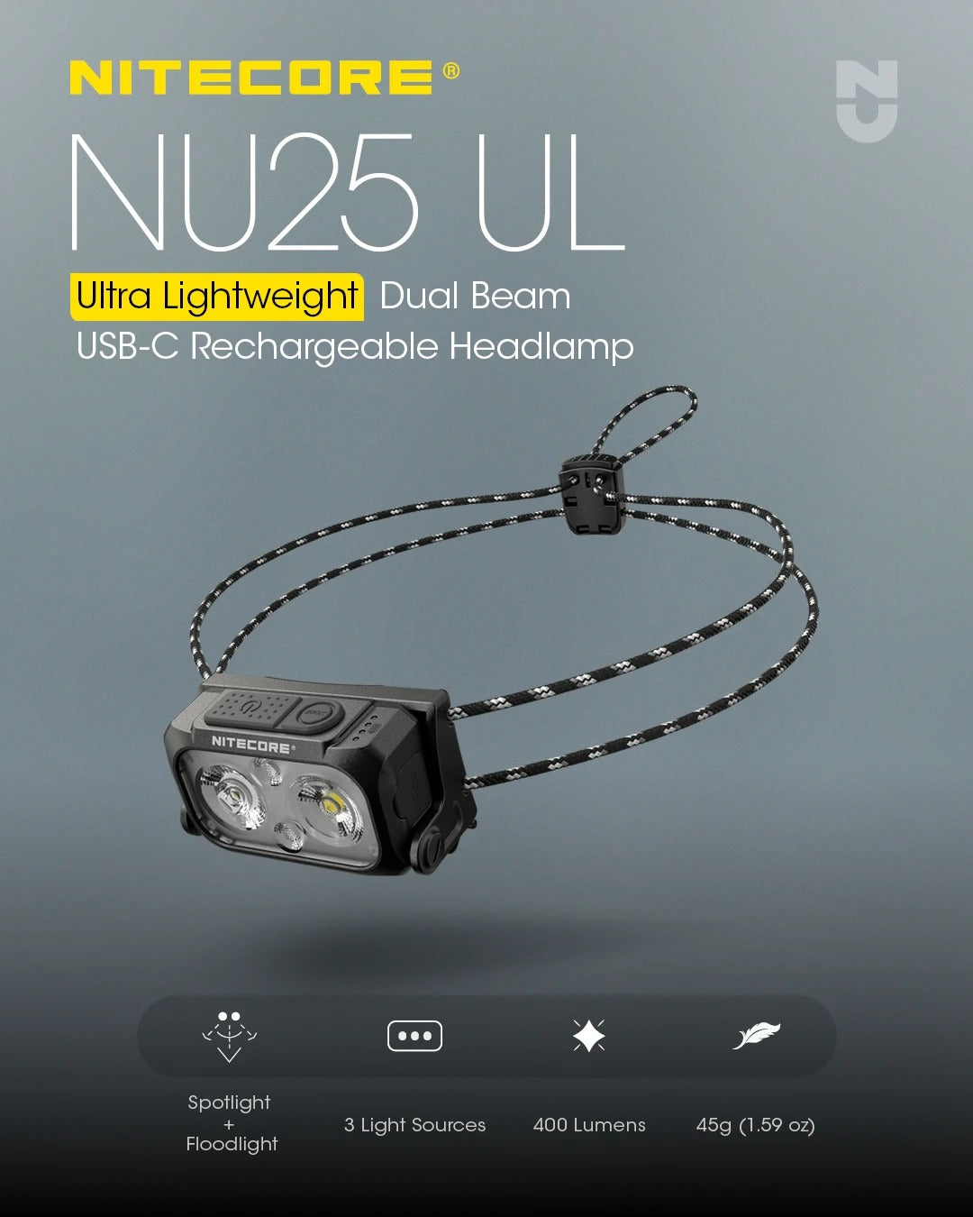 NITECORE NU25/UL 400 Lumens Dual Beam USB-C Rechargeable Headlamp