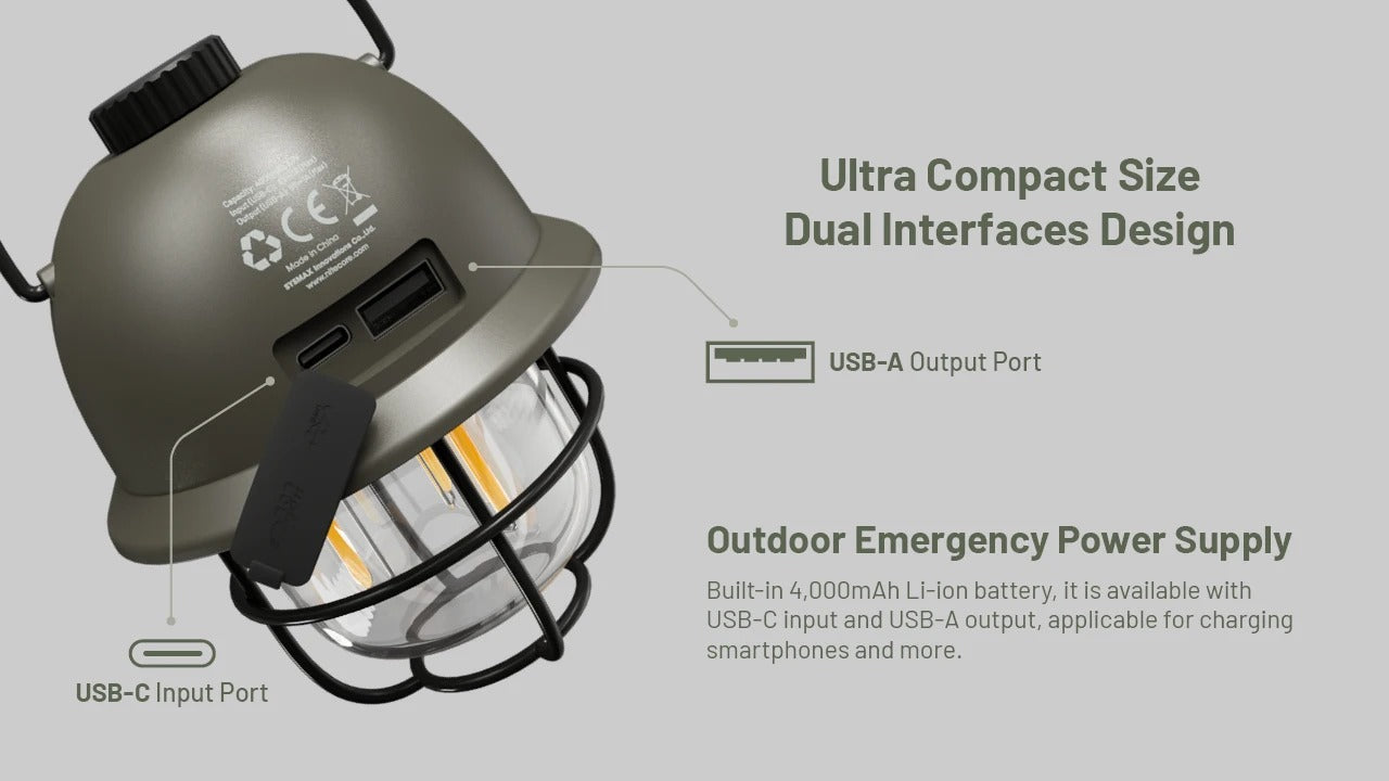 Green wwII helmet edison bulb lantern with metal cage and USB ports